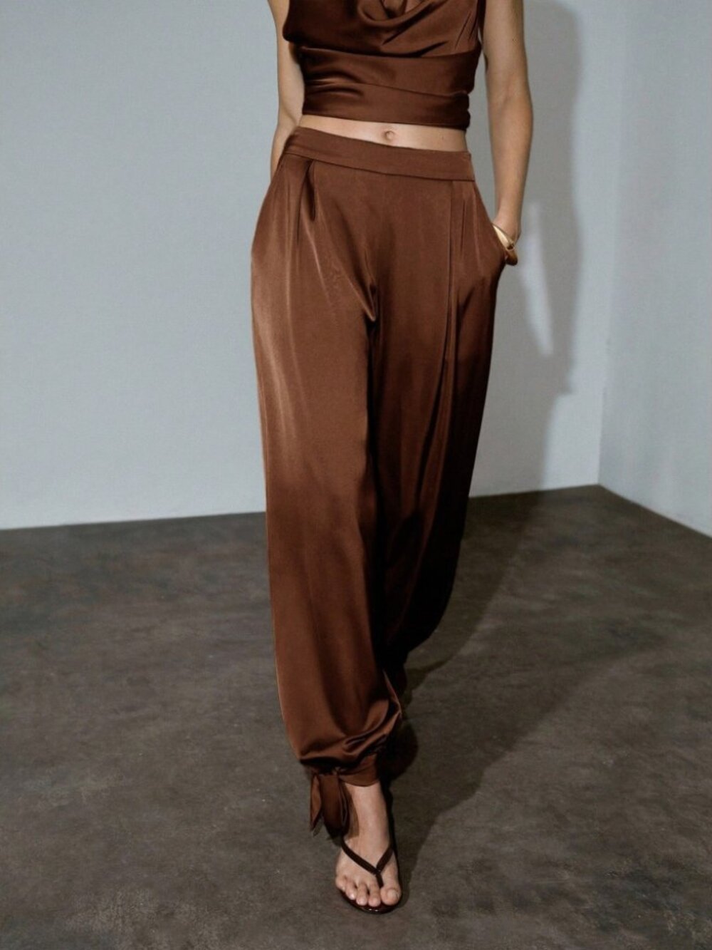 Chocolate Brown Satin Pleated Tie Cuff High Waist Tapered Pants